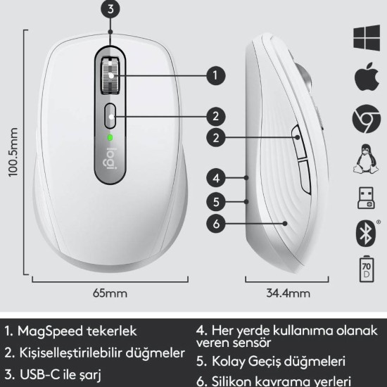 Logitech MX Anywhere AçıkGri 3 Kompakt 910-005989 Kablosuz Performans Mouse 