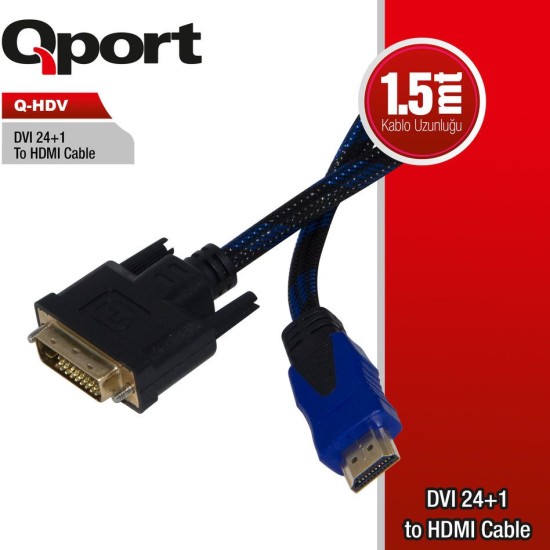 Qport Q-HDV DVI To HDMI 24+1 1.8 Metre Kablo Çevirici