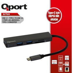 Qport Q-TU4 Type-C To USB 3.0 3Port + SD + Micro SD + Type-C (F) Çevirici