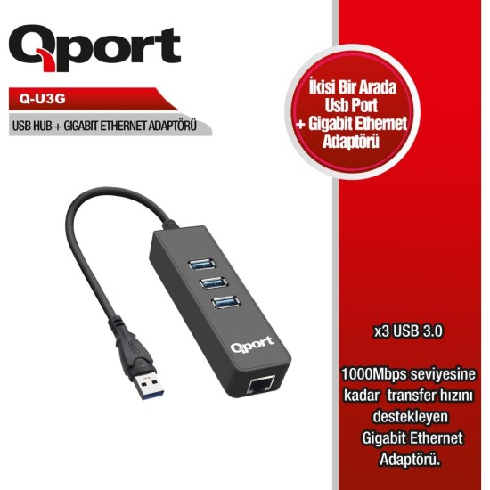 Qport Q-U3G 3Port USB 3.0 Çoklayıcı & Gigabit Ethernet Adaptör