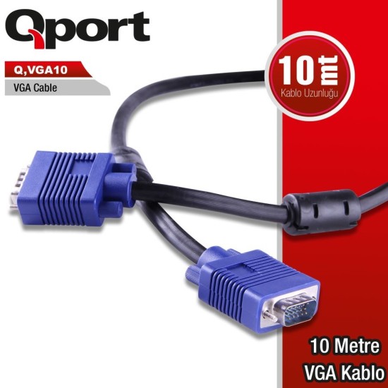 Qport Q-VGA10 15 Pin Filtreli 10 Metre Erkek Erkek Monitör Kablo