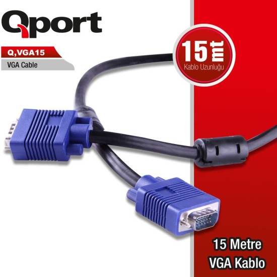 Qport Q-VGA15 15 Pin Filtreli 15 Metre Erkek Erkek Monitör Kablo