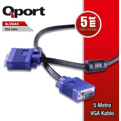 Qport Q-VGA5 15 Pin Filtreli 5 Metre Erkek Erkek Monitör Kablo