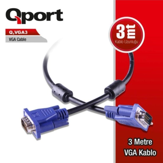 Qport Q-VGA3 15pin Filtreli 3 Metre M/M Monitör Kablo