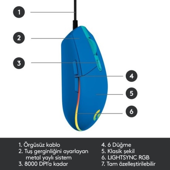 Logitech G102 LightSync Blue 910-005801 8000DPI  Optik RGB Kablolu Oyuncu Mouse