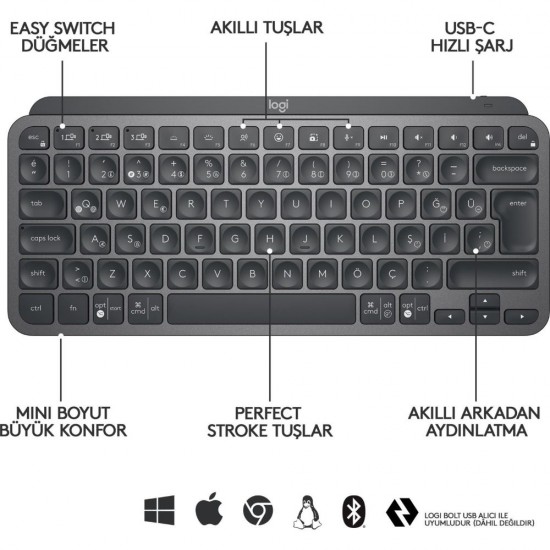 Logitech MX Keys Mini 920-010504 Aydınlatmalı Kablosuz Türkçe Q Klavye