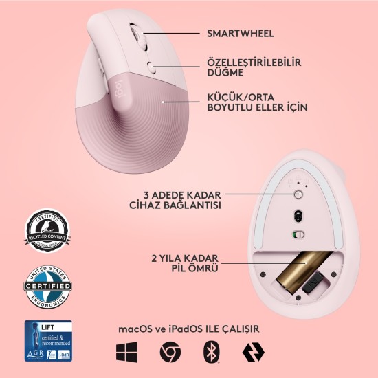 Logitech Lift Sessiz Kablosuz Ergonomik Dikey Mouse - Pembe 910-006478