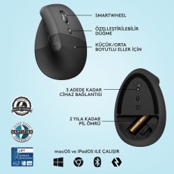 Logitech Lift Sessiz Kablosuz Ergonomik Dikey Mouse - Siyah