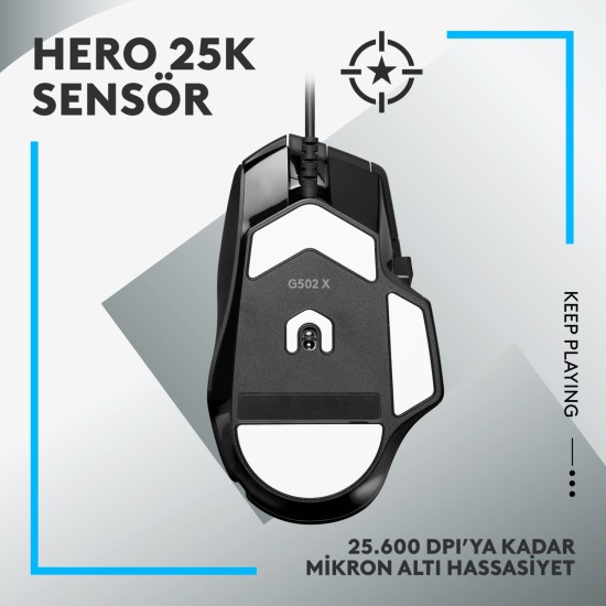 Logitech G G502 X Kablolu HERO 25K Sensörlü RGB Aydınlatmalı Siyah Oyuncu Mouse