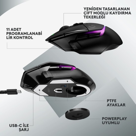 Logitech G G502 X Plus Kablosuz HERO 25K Sensörlü RGB Aydınlatmalı Siyah Oyuncu Mouse