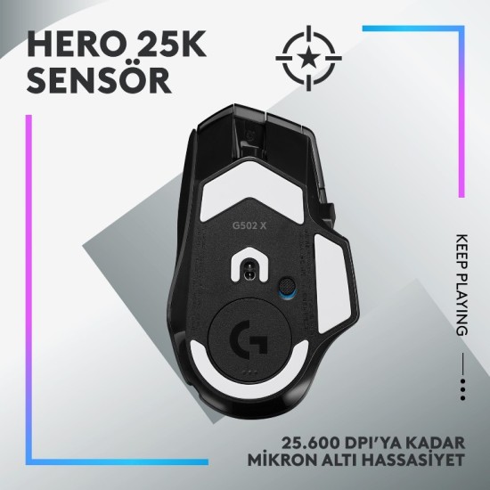 Logitech G G502 X Plus Kablosuz HERO 25K Sensörlü RGB Aydınlatmalı Siyah Oyuncu Mouse