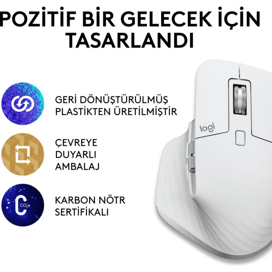 Logitech MX Master 3S Mac İçin Gelişmiş 8.000 DPI Sessiz Profesyonel Kablosuz Mouse - Beyaz