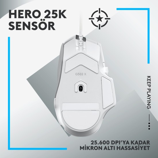 Logitech G G502 X Kablolu HERO 25K Sensörlü Yüksek Performanslı Beyaz Oyuncu Mouse