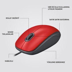 Logitech M110 Sessiz Tam Boyutlu Kablolu Usb-A Bağlantılı Optik Mouse - Kırmızı
