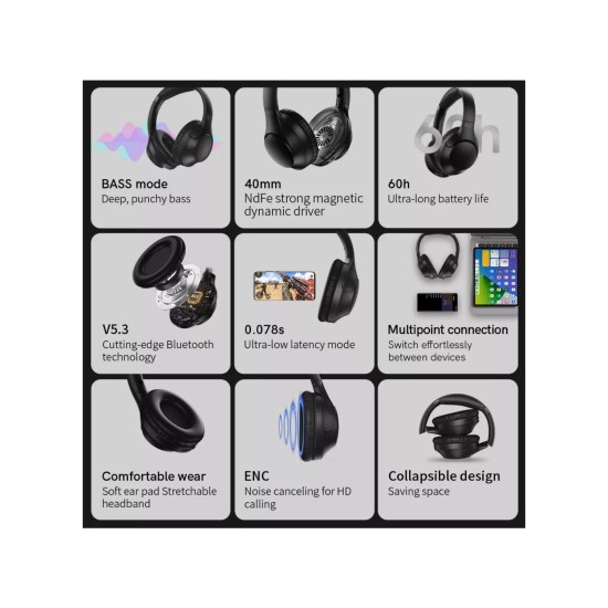Qcy H2 Kablosuz Bt 5.3 Kulaklık Hifi Enc 60 Saat Dinleme Oyun Modu