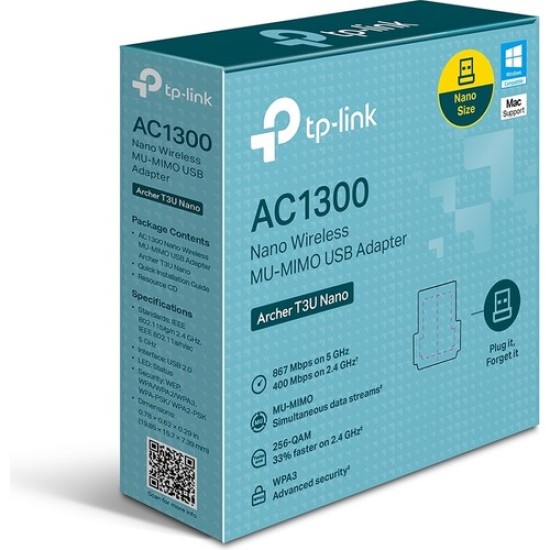 TP-Link Archer T3U Nano, AC1300 Mbps Nano Kablosuz Dual-Band MU-MIMO USB Adaptör