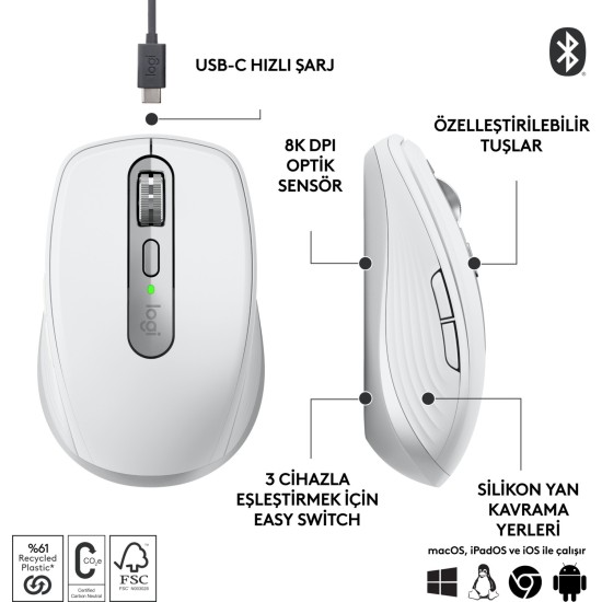 Logitech MX Anywhere 3S Kompakt 8000 DPI Optik Sensörlü Sessiz Bluetooth Kablosuz Mouse - Beyaz