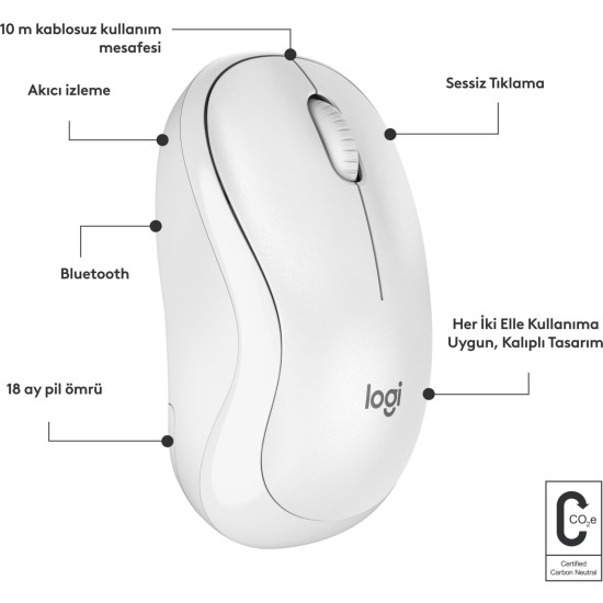 Logitech M240 Sessiz Kompakt Kablosuz Bluetooth Mouse - Beyaz