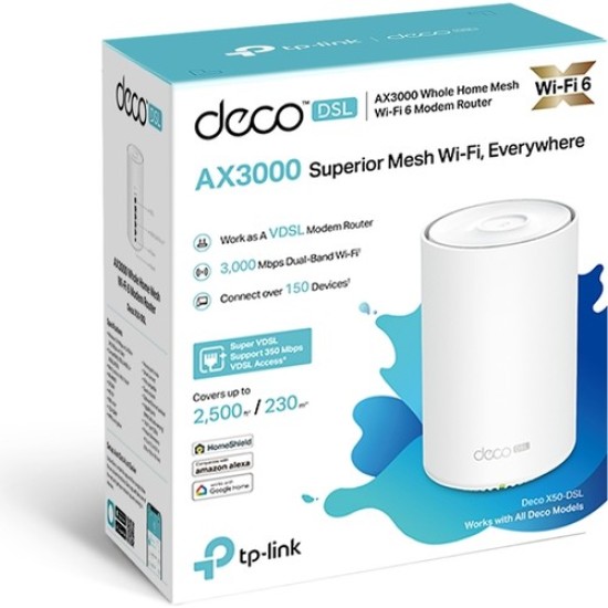 TP-Link Deco X50-DSL(1-PACK), AX3000 Dual-Band Tüm Ev Mesh Wi-Fi 6 Fiber Destekli ADSL/VDSL Modem Raouter