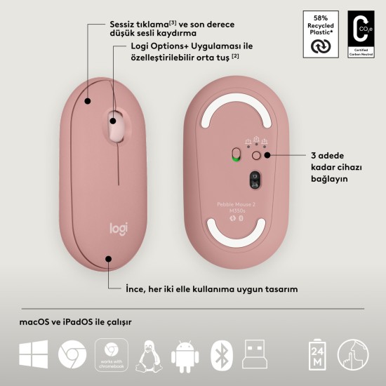 Logitech Pebble 2 Set Çoklu Cihaz Özellikli Sessiz Kablosuz Türkçe Q Klavye ve Mouse Seti - Pembe