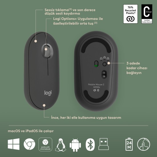 Logitech Pebble 2 Set Çoklu Cihaz Özellikli Sessiz Kablosuz Türkçe Q Klavye ve Mouse Seti - Siyah