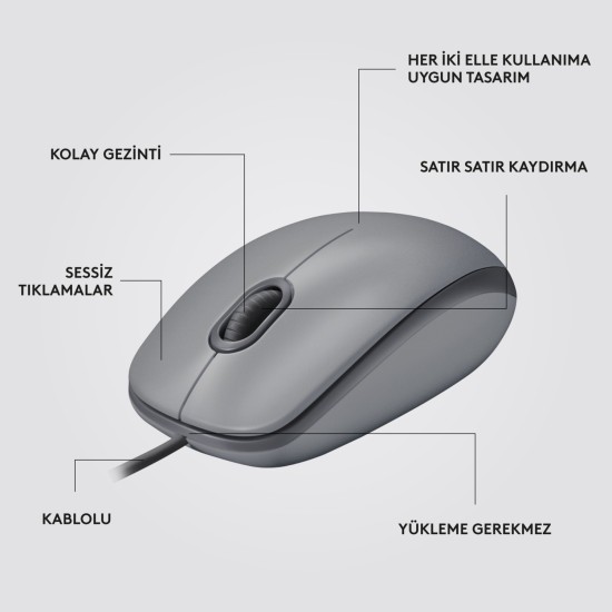 Logitech M110 Sessiz Tam Boyutlu Kablolu Usb-A Bağlantılı Optik Mouse - Gri