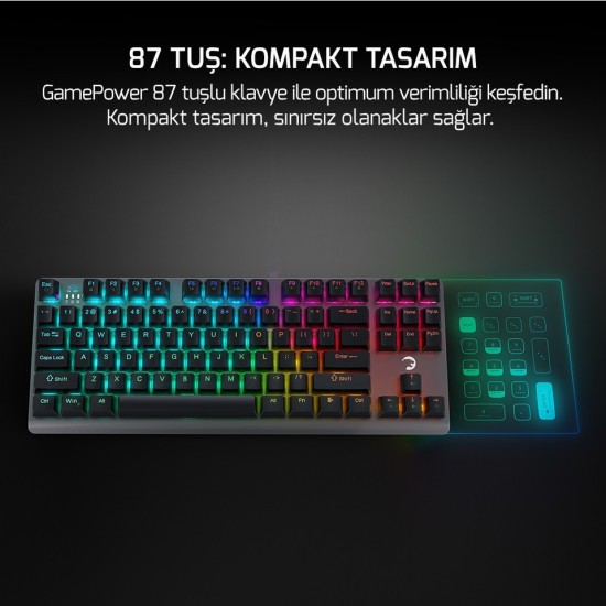 GamePower Eva 7 60M Mekanik Kablolu, 2.4Ghz, Bluetooth 3 Mod Blue Switch Türkçe Q 88 Tuş USB RGB Gaming Klavye