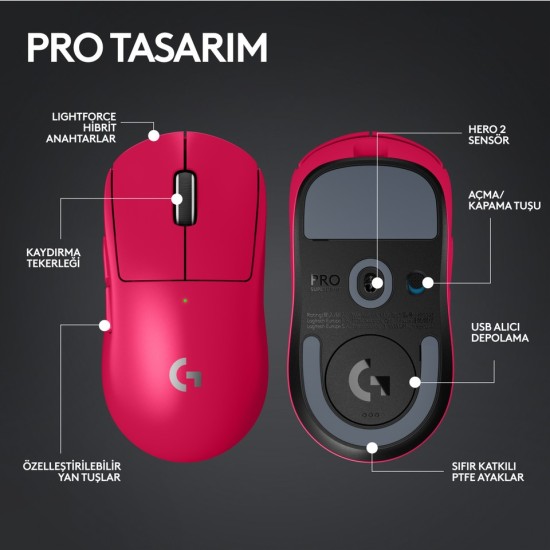 Logitech G PRO X SUPERLIGHT 2 Hafif HERO 2 Sensör 32.000 DPI LIGHTSPEED Kablosuz Oyuncu Mouse - Pembe
