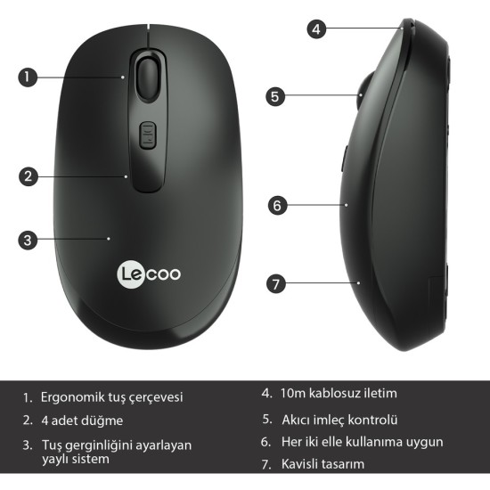 Lenovo Lecoo WS205 Ergonomik Optik Kablosuz Mouse
