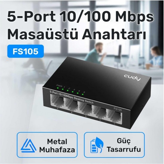 Cudy FS105 5port 10/100MBPS Duvar Montajlı Metal Masaüstü Switch