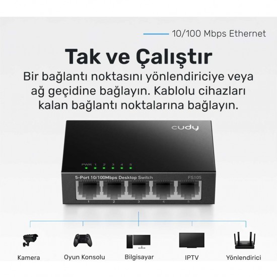 Cudy FS105 5port 10/100MBPS Duvar Montajlı Metal Masaüstü Switch