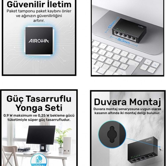 Cudy FS105 5port 10/100MBPS Duvar Montajlı Metal Masaüstü Switch