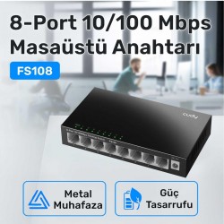 Cudy FS108 8port 10/100MBPS Duvar Montajlı Metal Masaüstü Switch