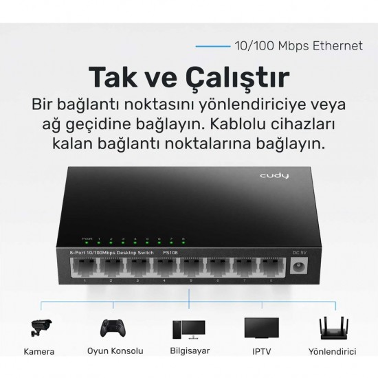 Cudy FS108 8port 10/100MBPS Duvar Montajlı Metal Masaüstü Switch