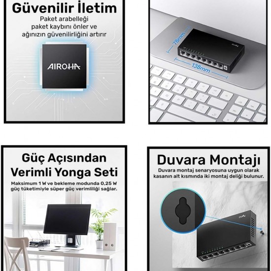 Cudy FS108 8port 10/100MBPS Duvar Montajlı Metal Masaüstü Switch