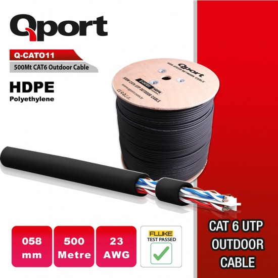 Qport 500M Makaralı Outdoor 23AWG 0.58MM SİYAH CAT6 Utp Pe Kablo (Q-CATO11)