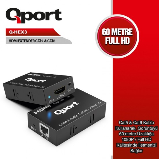 QPORT Q-HEX3 HDMI EXTENDER CAT6 60M 2 Lİ PAKET